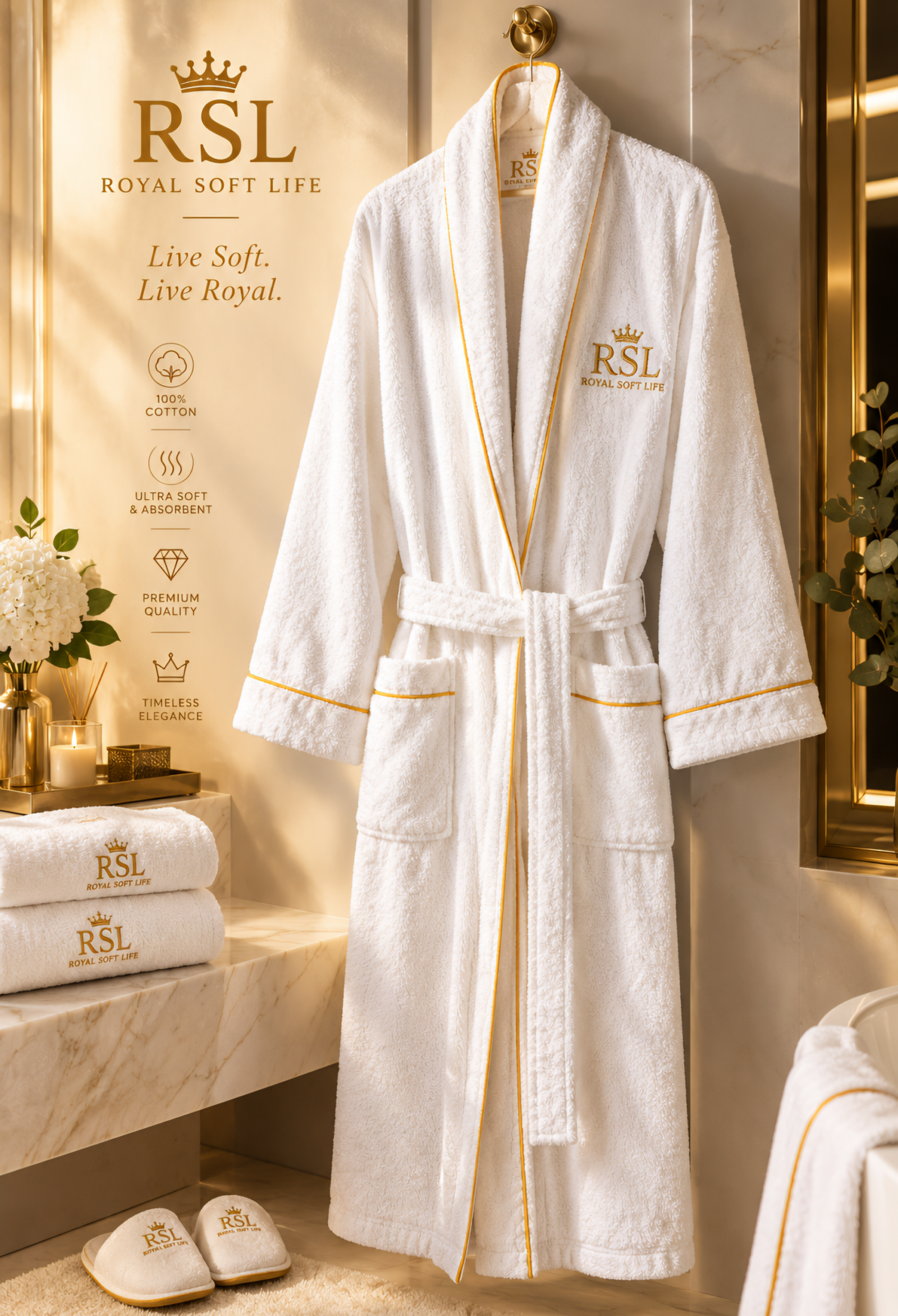 The Royal Soft 100% Cotton Robe - White with Gold Piping