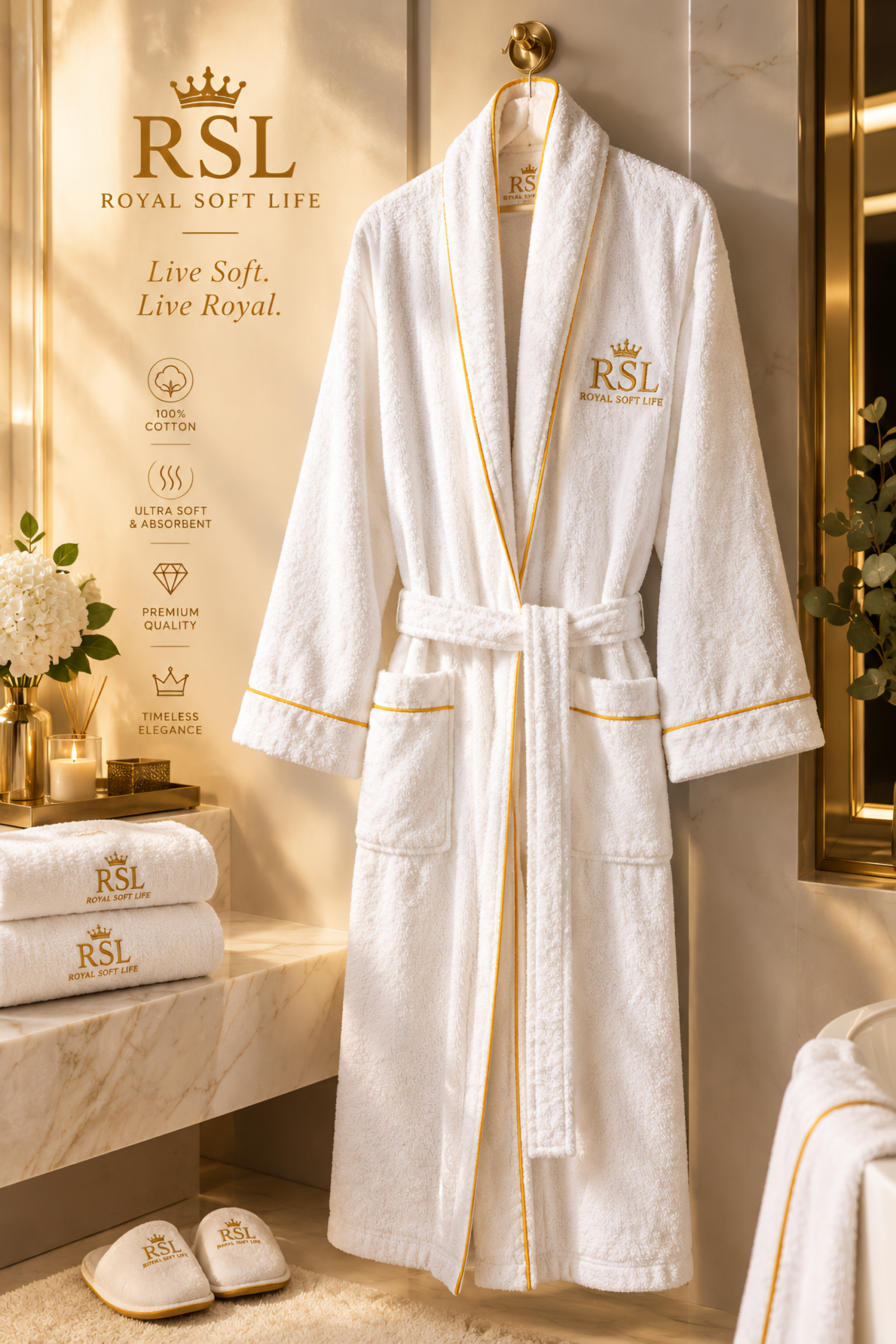 The Royal Soft 100% Cotton Robe - White with Gold Piping